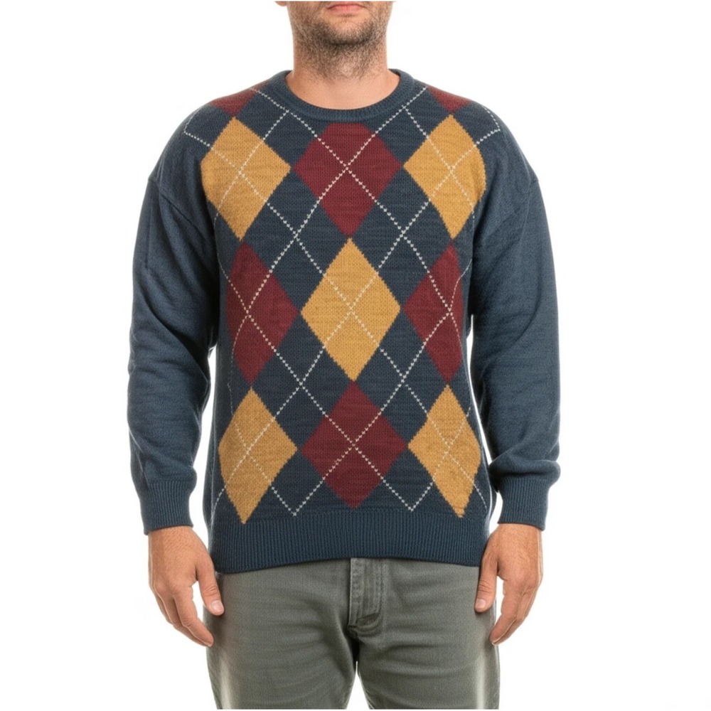 Vintage Hunt‎ Club Argyle Sweater Crew Neck Silk Blend Size Large Dark Academia